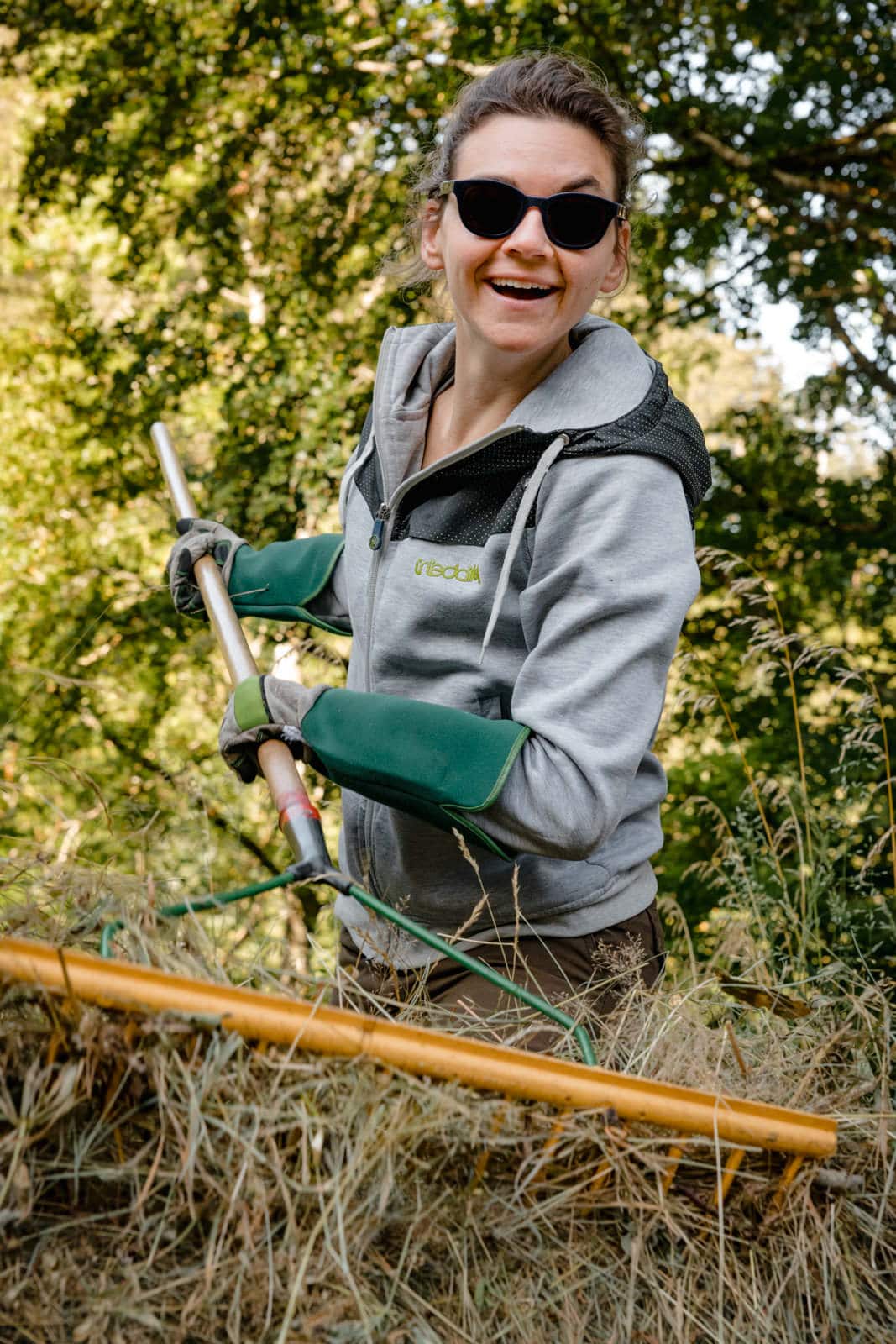 Frau recht Heu mit rechen auf einer Sommerwiese zusammen