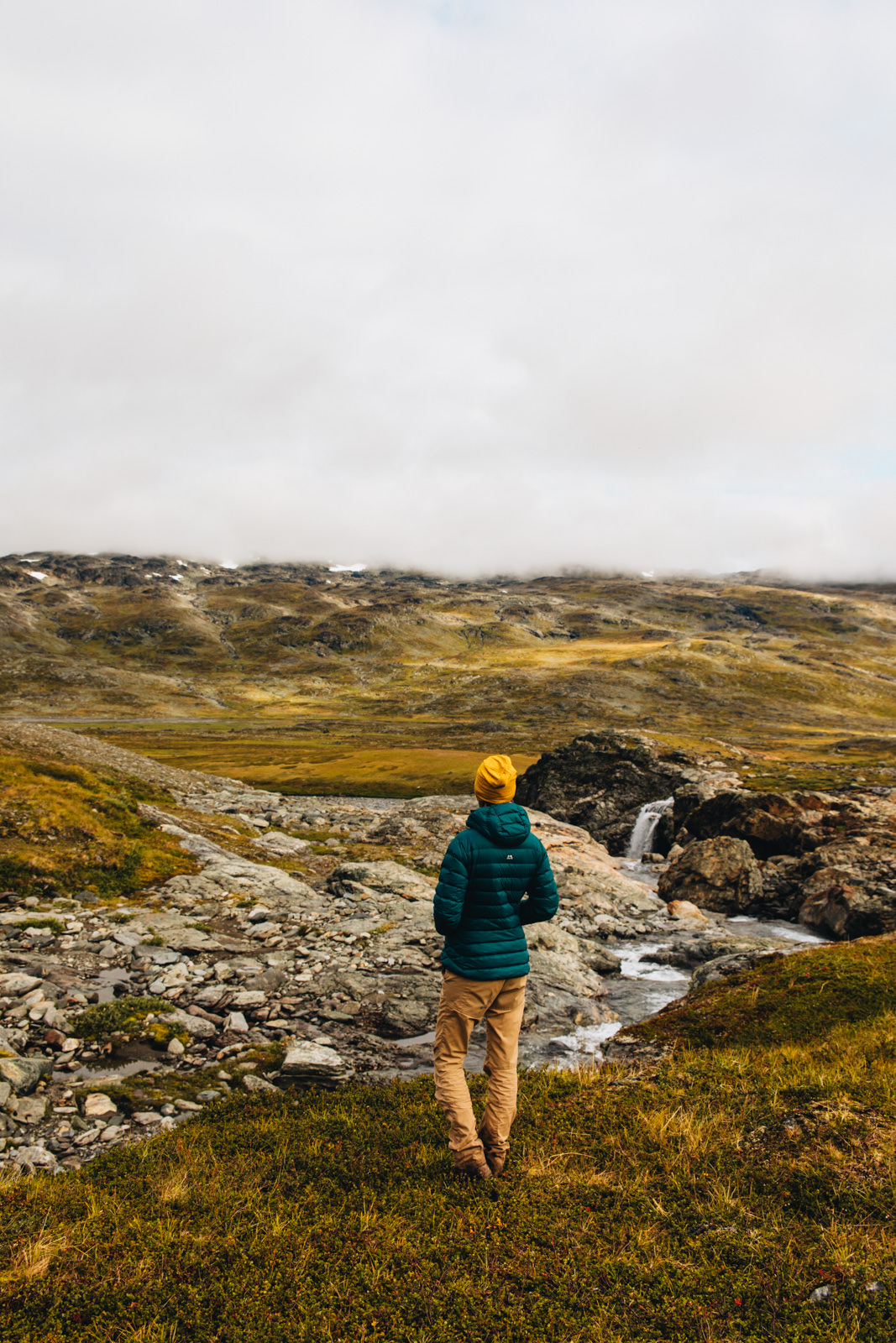 Frau steht im schwedischen Fjell vor großartiger Landschaft